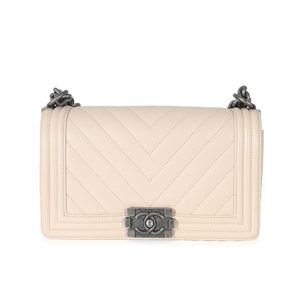 Chanel Light Beige Chevron Quilted Caviar Leather Medium Boy Bag